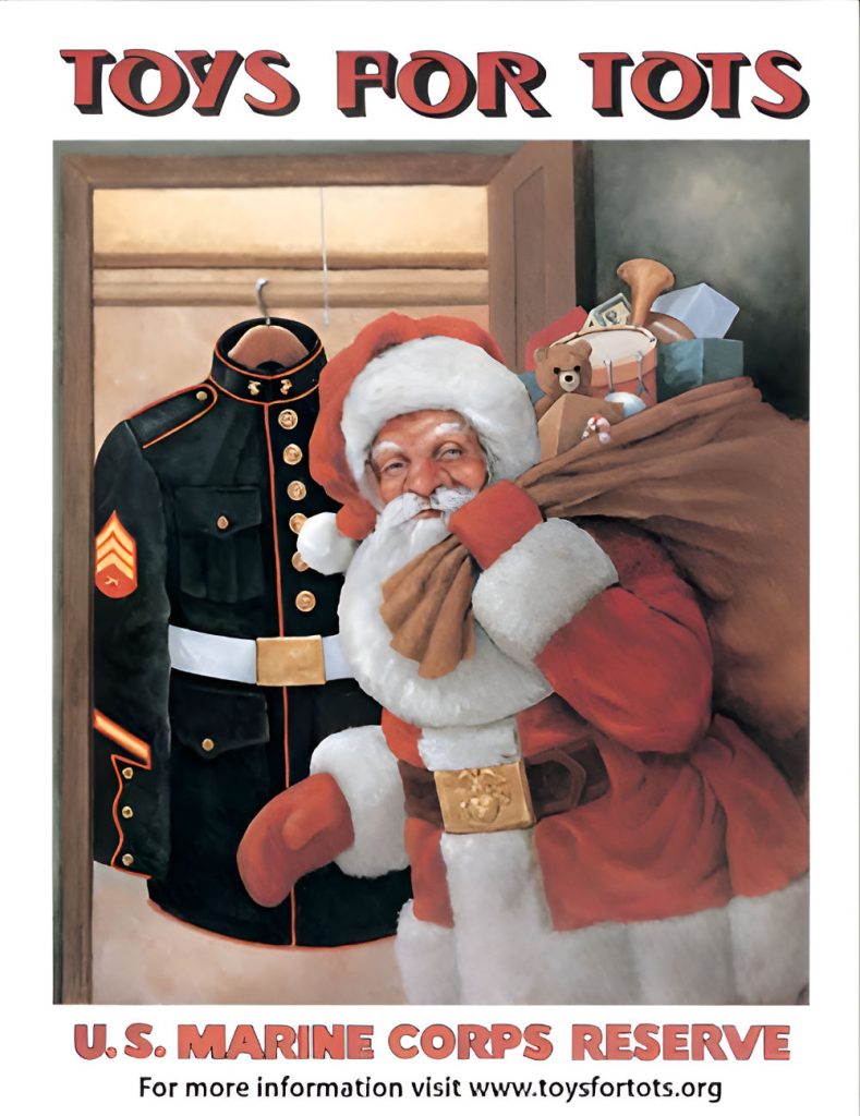 Toys for Tots poster graphic Santa carrying sack of presents